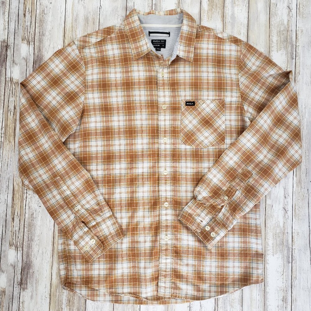 Rvca Tan White Plaid Button Down Long Sleeve Shirt - image 1